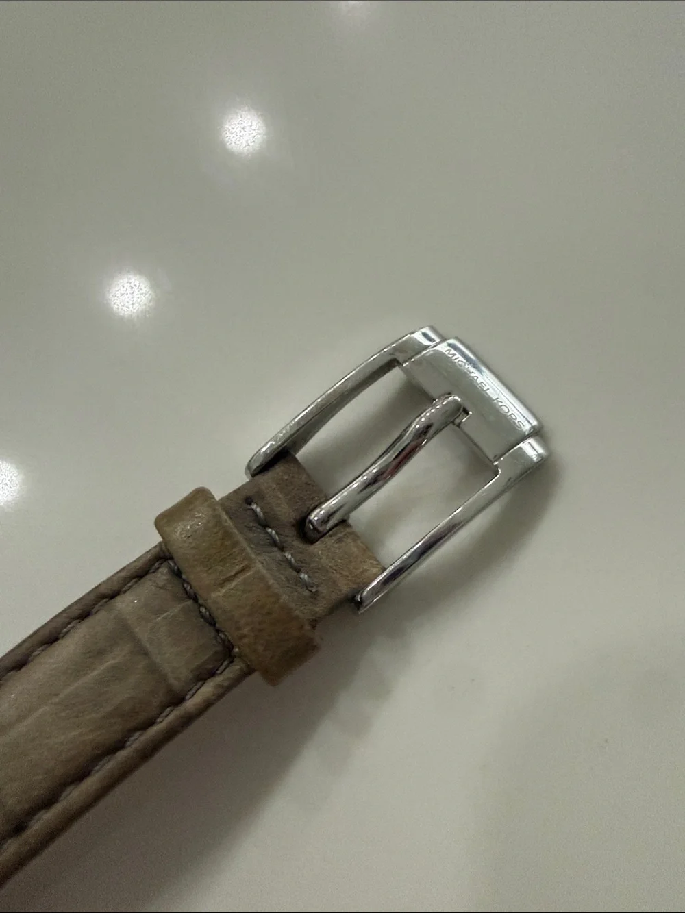 Michael Kors Silver Case Watch with Taupe Leather Strap and Rose-Gold Accents